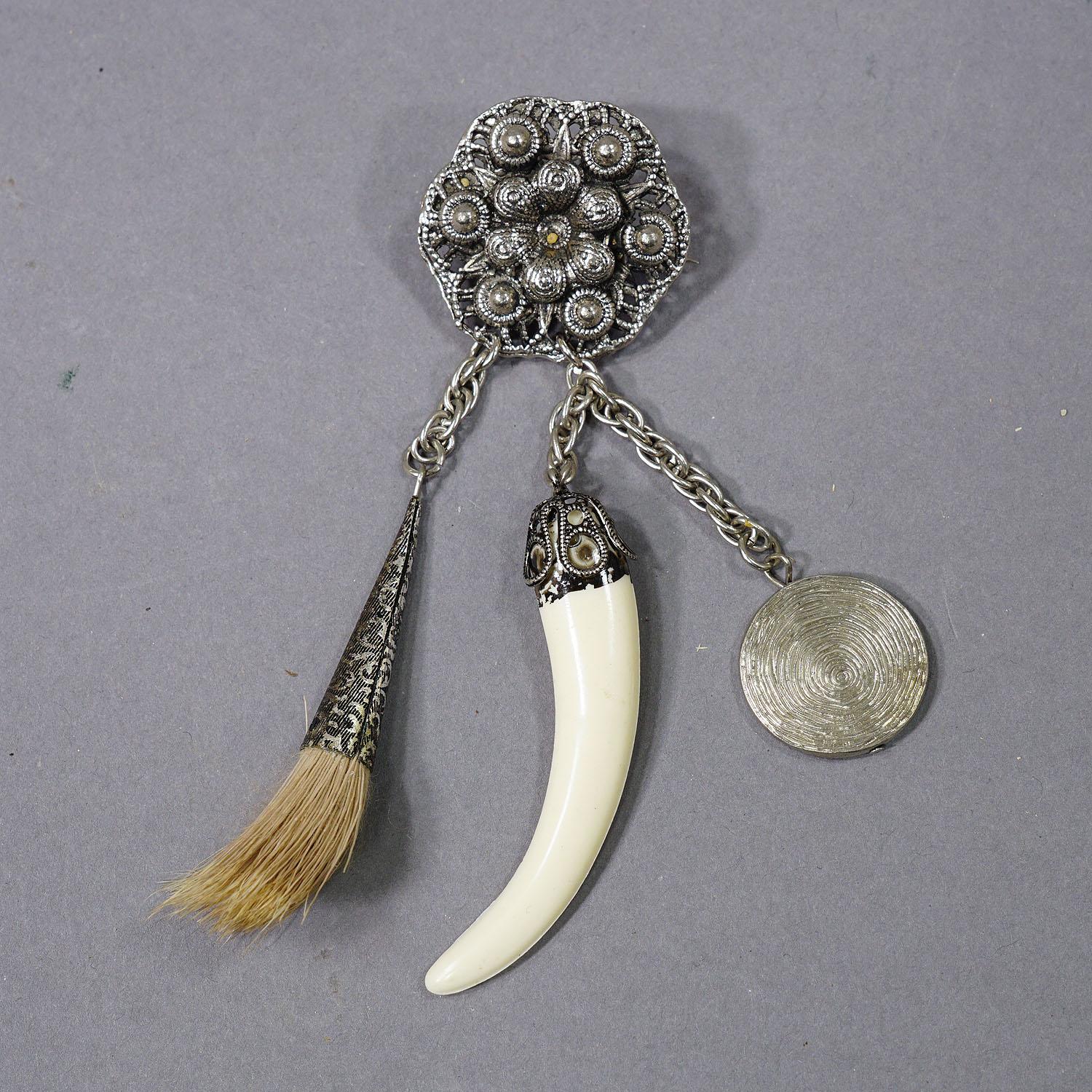 Rustic Vintage Bavarian Traditional Costume Jewelry Pin with Hunting Pendants