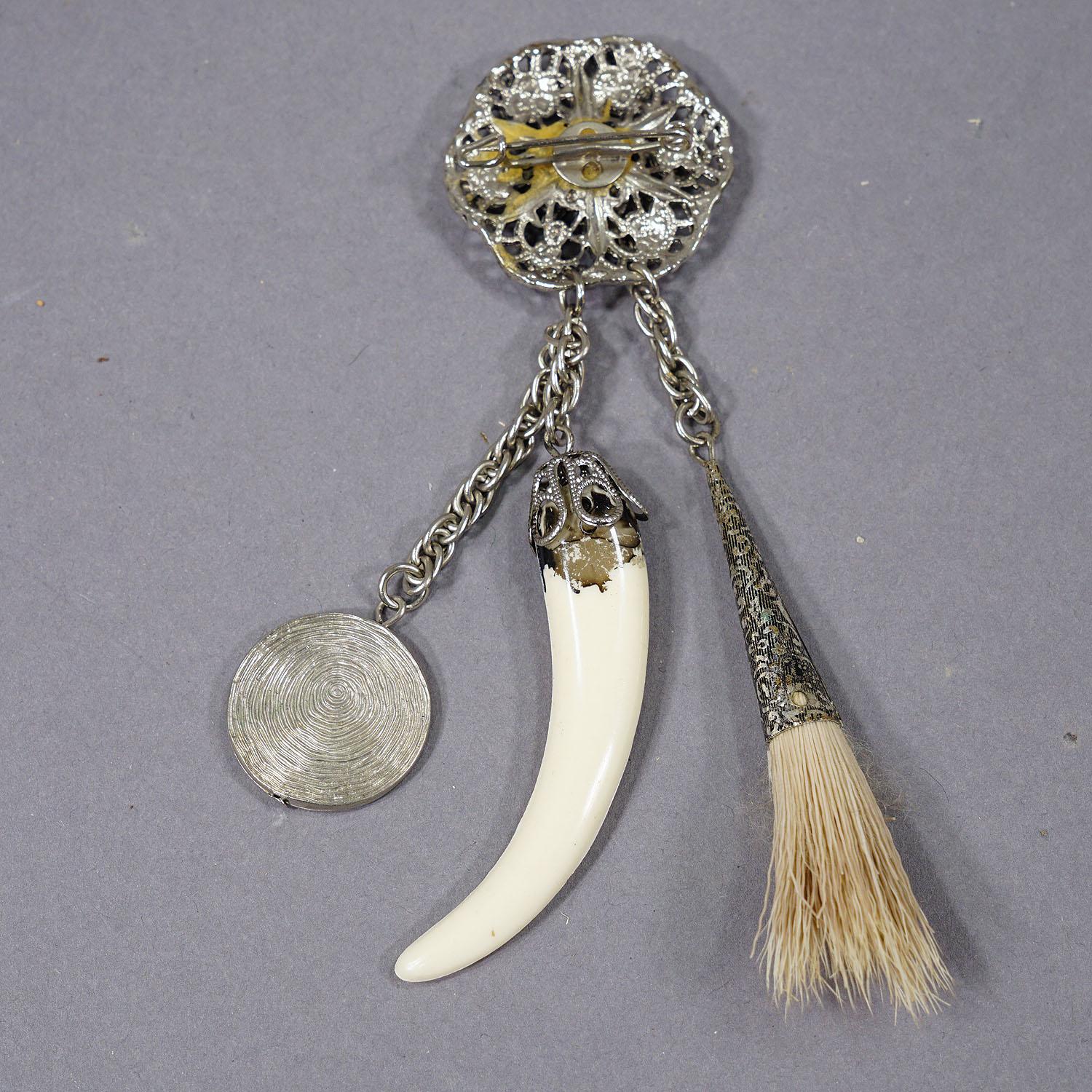 German Vintage Bavarian Traditional Costume Jewelry Pin with Hunting Pendants