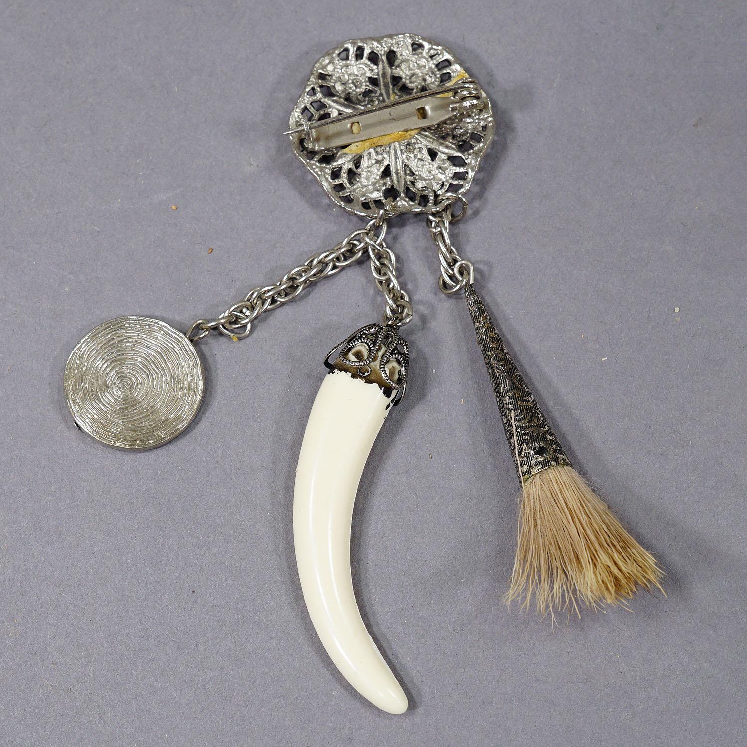 German Vintage Bavarian Traditional Costume Jewelry Pin with Hunting Pendants