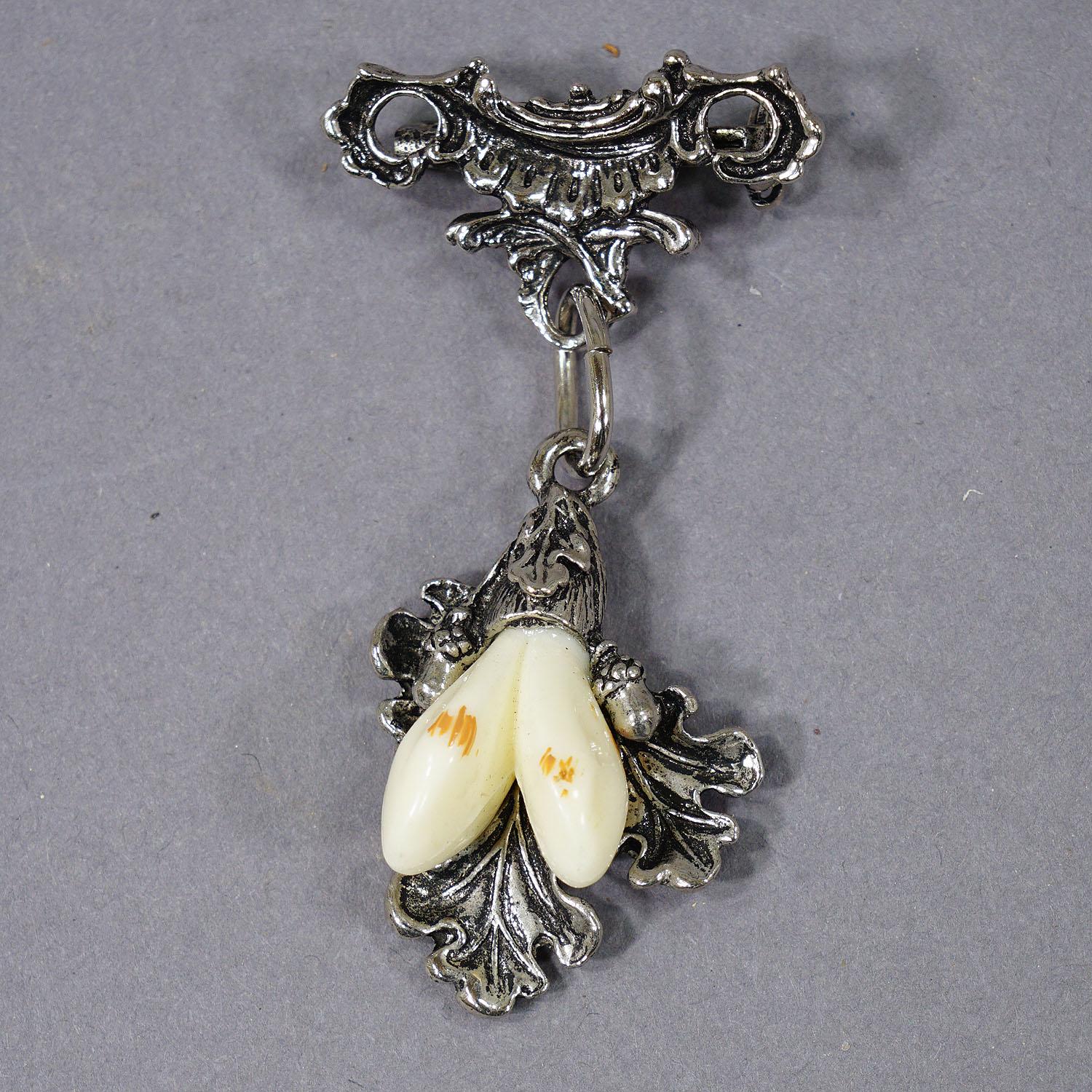 Folk Art Vintage Bavarian Traditional Folksy Jewelry Pin with Hunting Pendant For Sale