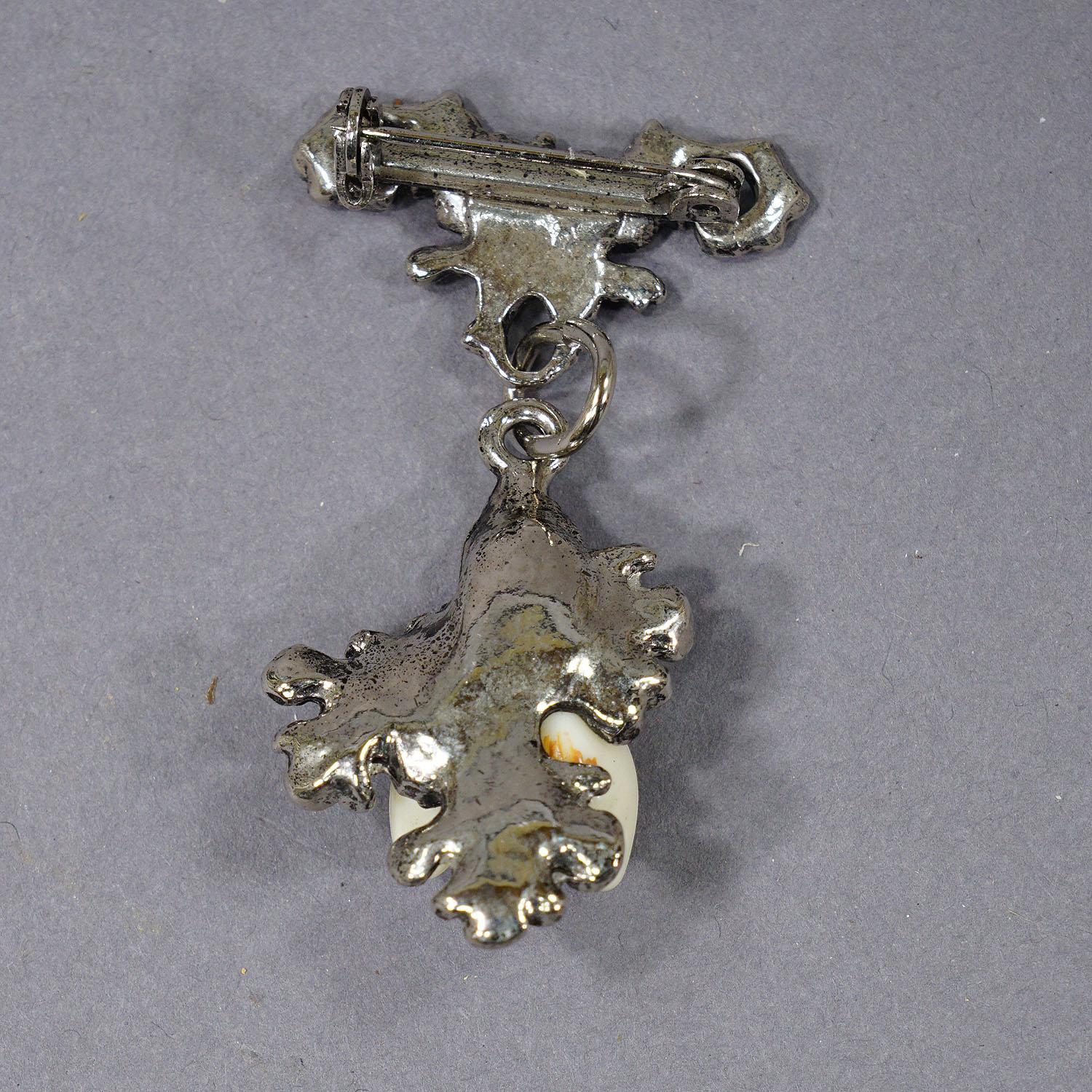 German Vintage Bavarian Traditional Folksy Jewelry Pin with Hunting Pendant For Sale
