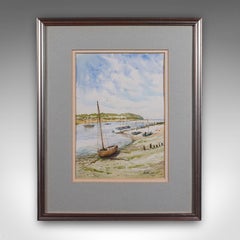 Vintage Beach Landscape Painting, English School Watercolour, Nautical Art, 1991
