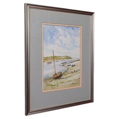 Vintage Beach Landscape Painting, English School Watercolour, Nautical Art, 1991
