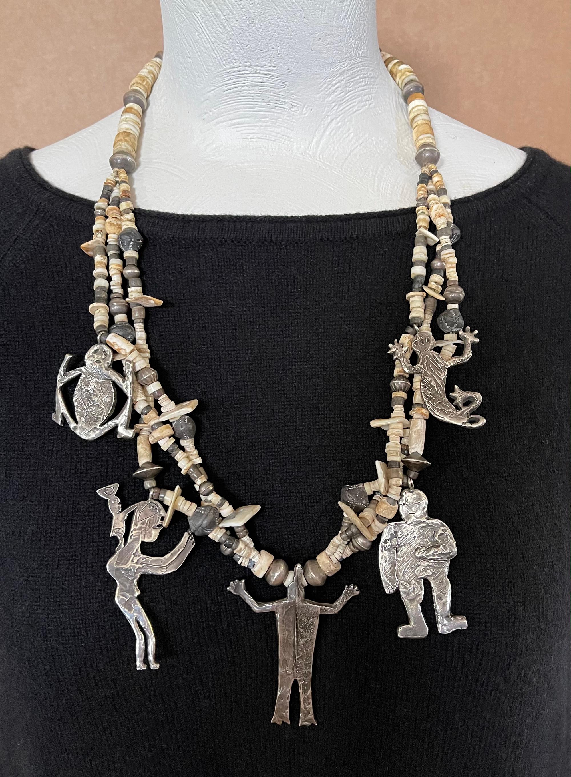 Artisan Vintage Bead and Silver Tribal Pendant Necklace by Annette Bird '1925-2016' For Sale