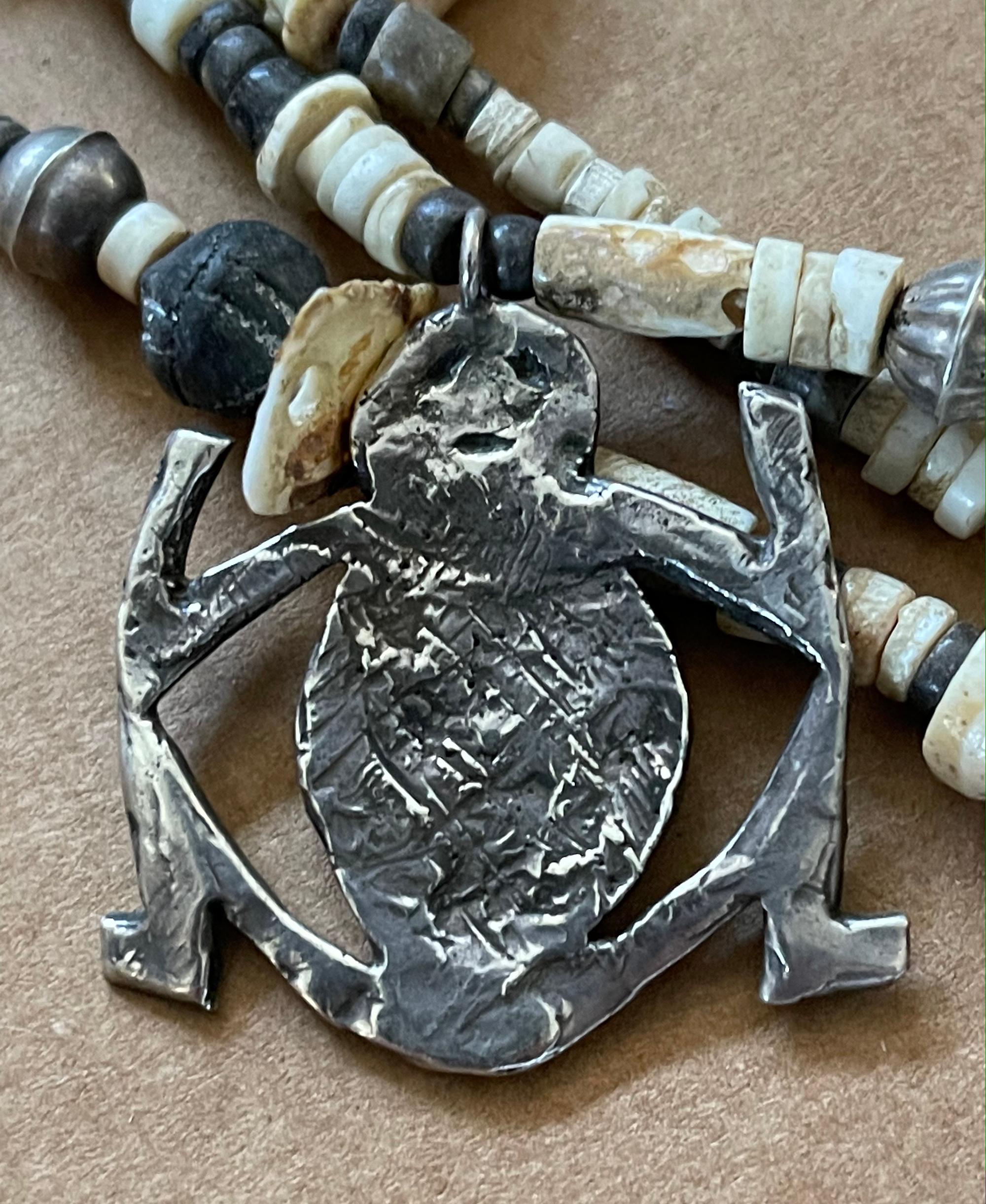Vintage Bead and Silver Tribal Pendant Necklace by Annette Bird '1925-2016' In Good Condition In Point Richmond, CA