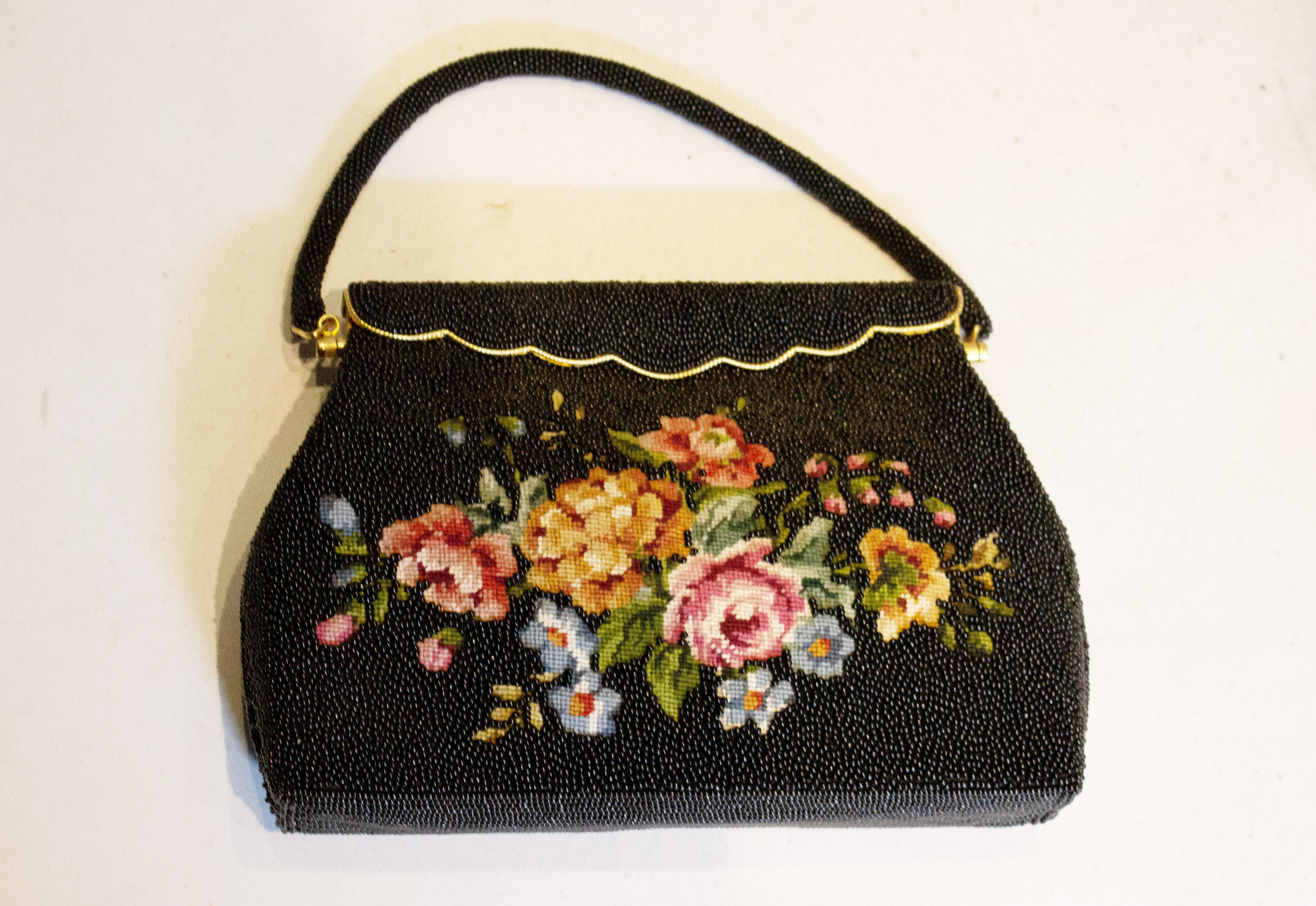 Black Vintage beaded Bag with Floral Stitched Front