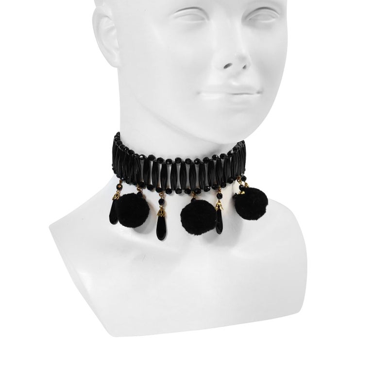 Vintage Yves Saint Laurent YSL Black Choker with Dangling Poms Poms Circa 1960s In Good Condition For Sale In New York, NY
