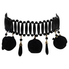 Vintage Yves Saint Laurent Beaded Black Choker with Dangling Poms Poms and Beads