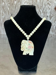 Vintage Beaded Bone Elephant Scrimshaw Necklace
