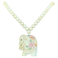 Vintage Beaded Bone Elephant Scrimshaw Necklace