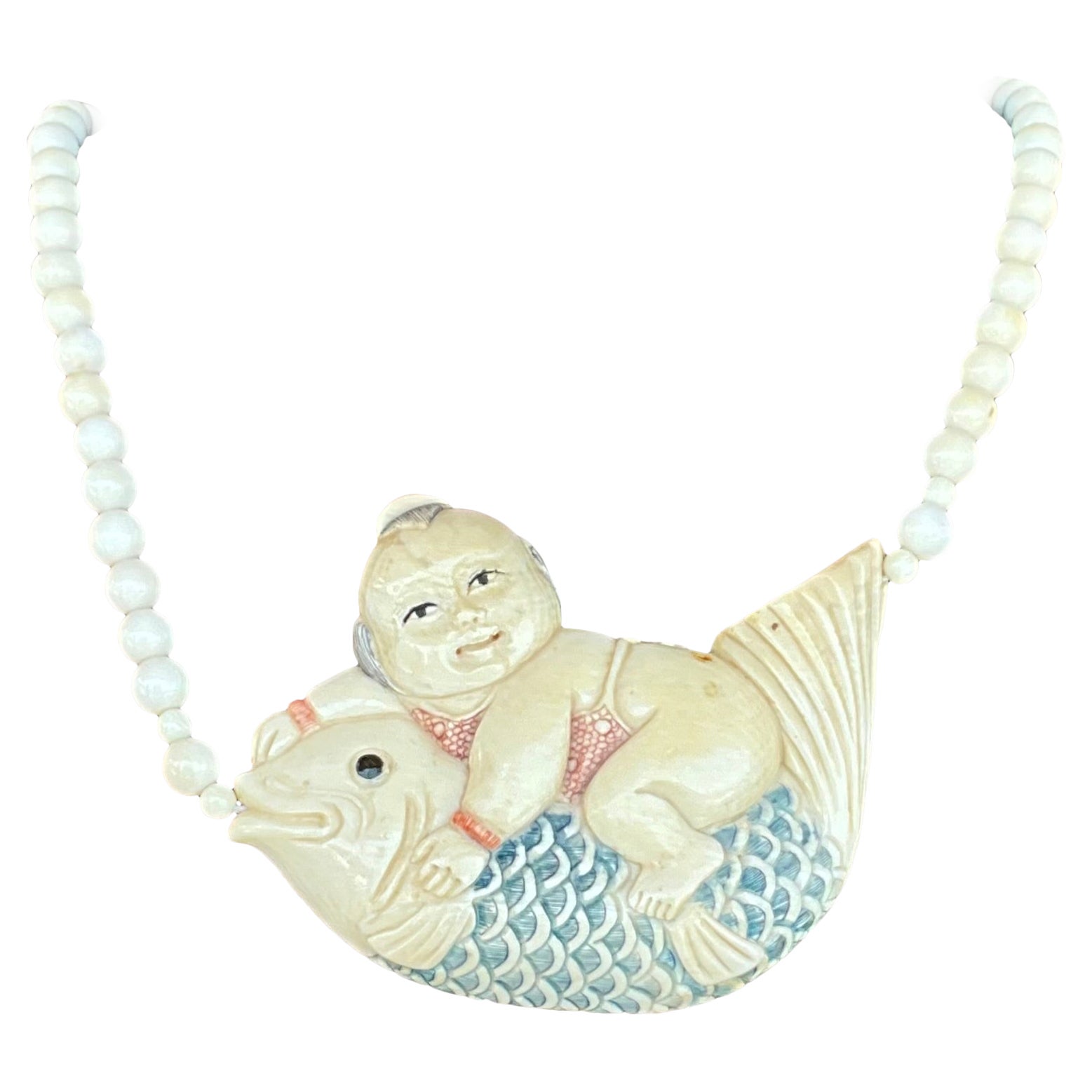 Vintage Beaded Bone Scrimshaw Necklace