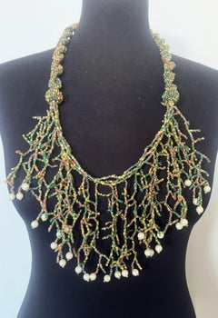 Vintage Beaded Crochet Multi-Strand Necklace with Glass Beads and Pearl Drops