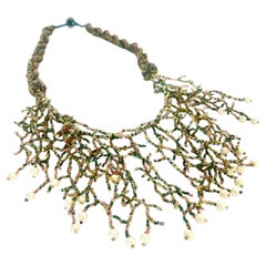 Vintage Beaded Crochet Multi-Strand Necklace with Glass Beads and Pearl Drops