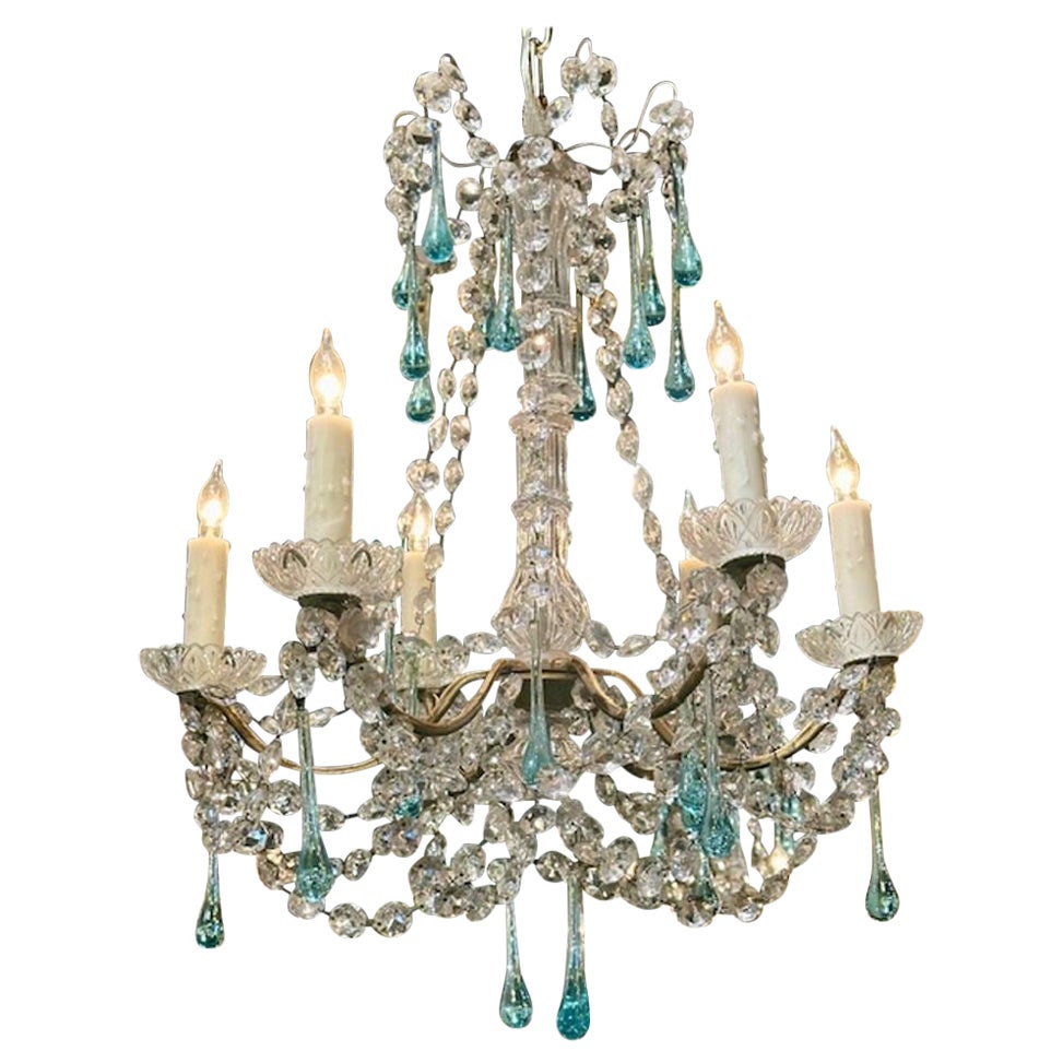 Vintage Beaded Crystal Chandelier with Aqua Crystal Accents