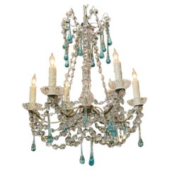 Vintage Beaded Crystal Chandelier with Aqua Crystal Accents