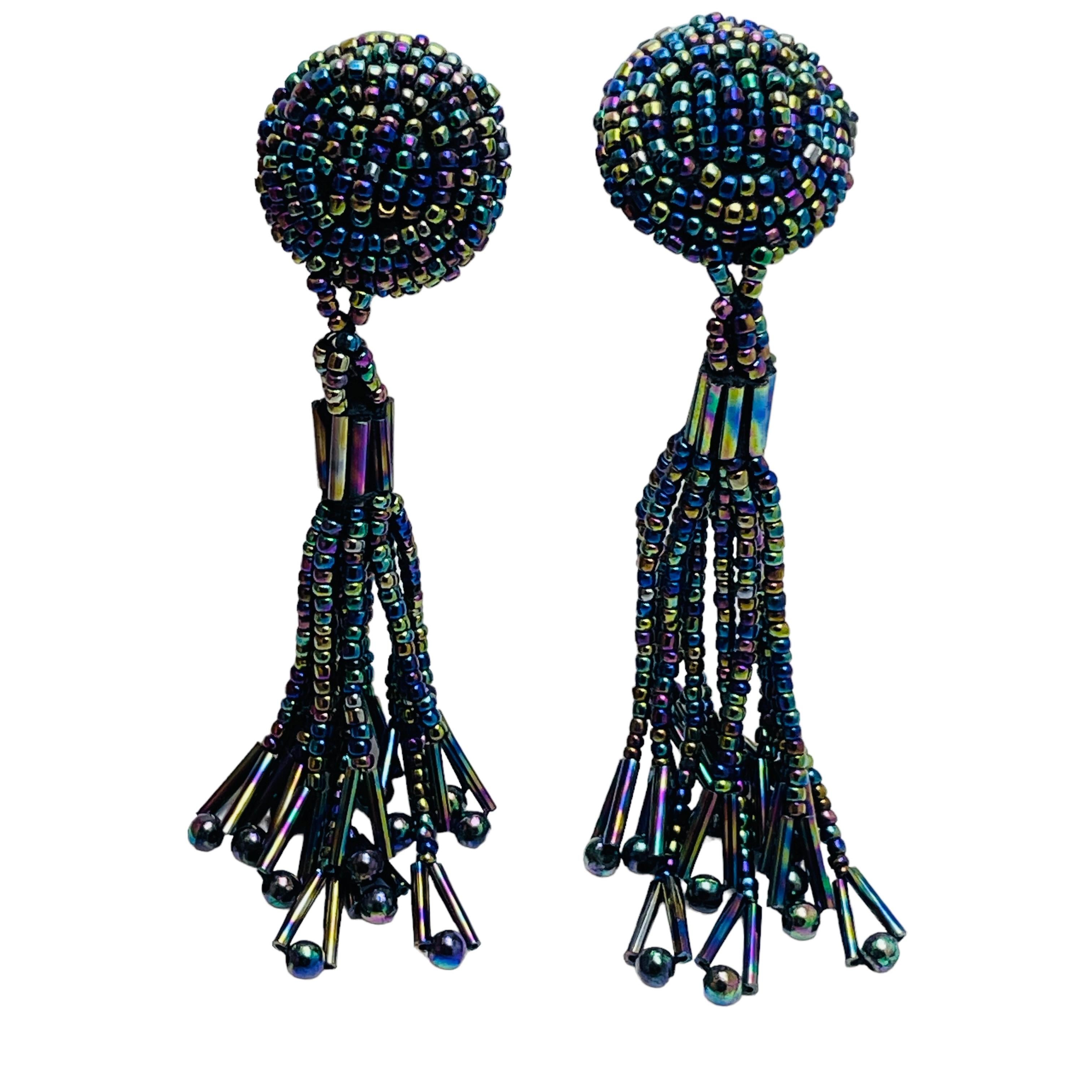 Women's Vintage beaded dangle tassel clip on earrings For Sale