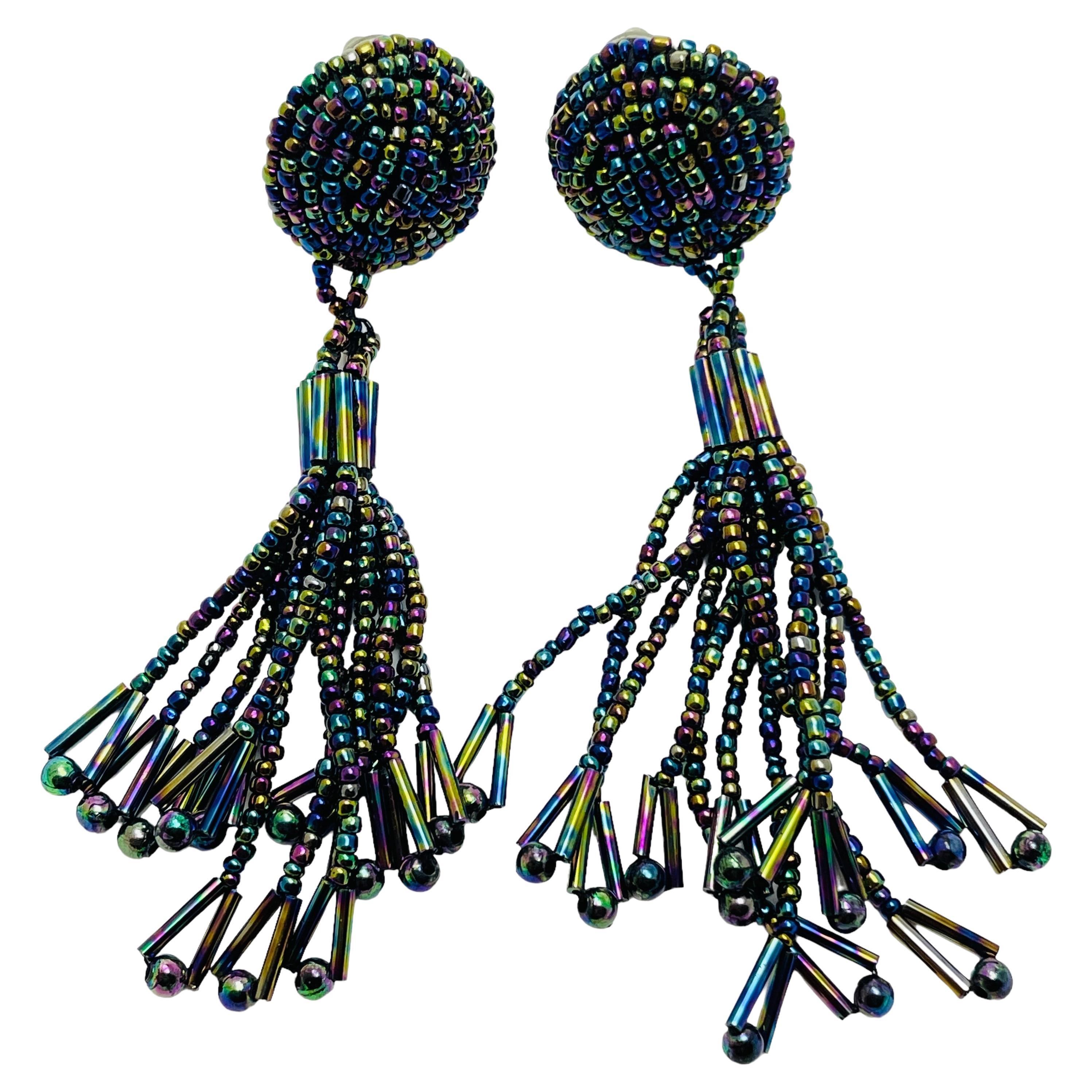 Vintage beaded dangle tassel clip on earrings For Sale