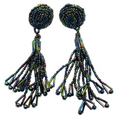 Vintage beaded dangle tassel clip on earrings