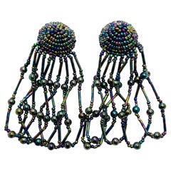 Vintage beaded dangle tassel clip on earrings