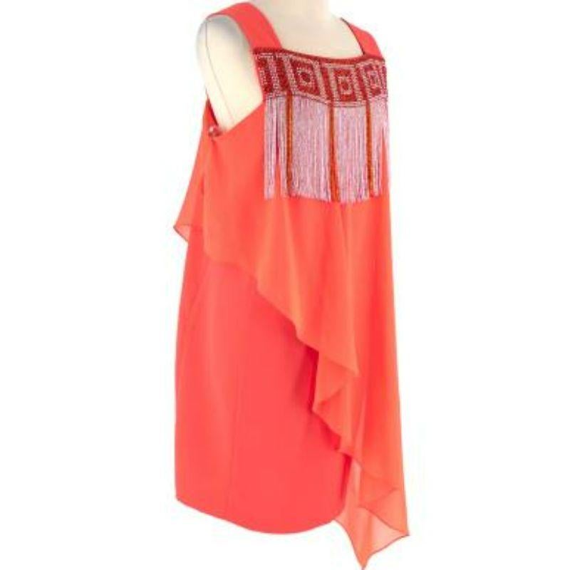Versace Vintage Beaded Fringed Orange Cocktail Dress
 
 
 
 - Mid weight, fluid body
 
 - Bead and sequin square panel
 
 - Bead fringing 
 
 - Square neckline 
 
 - Thick straps 
 
 - Asymmetric fluid hem 
 
 - Fitted under dress 
 
 
 
 Material:
