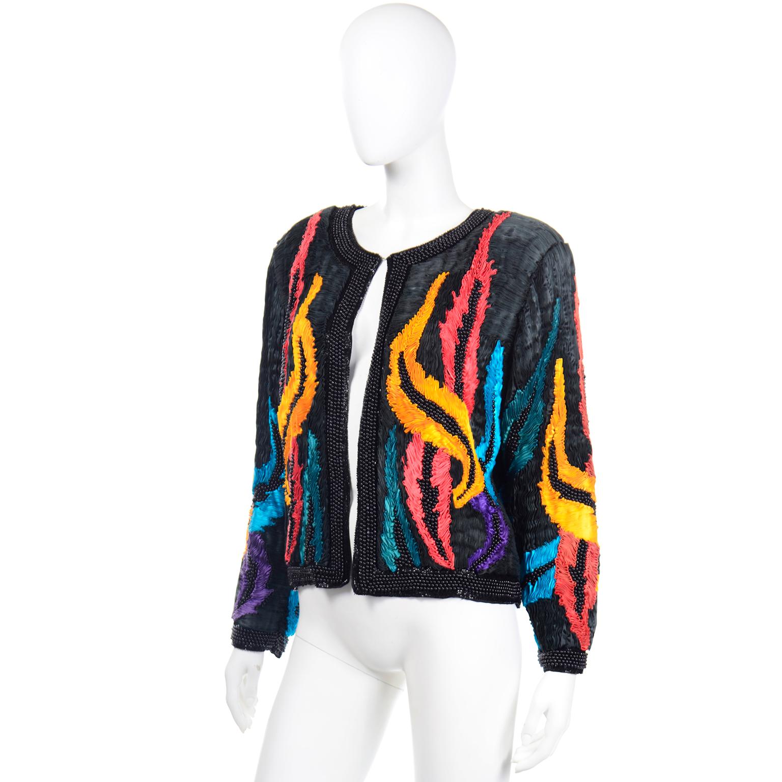 Women's Vintage Beaded Multi Colored Silk Jacket With Unique Ruffled Pleating For Sale
