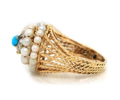 Vintage Beaded Pearl, Diamond and Turquoise Swirl Ring in 18K Yellow Gold