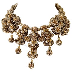  Vintage Beaded Pearl Gilt Statement Necklace 