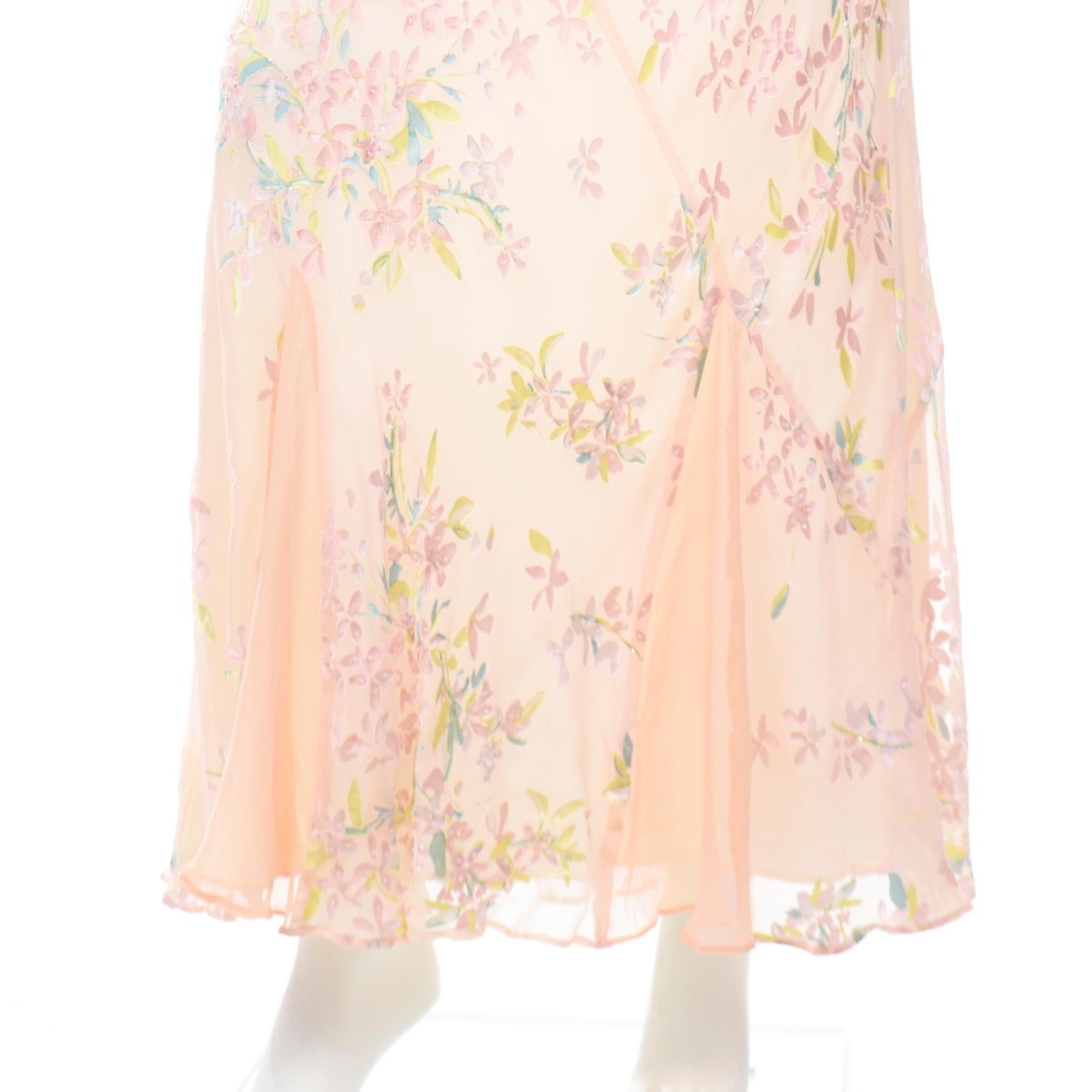 Vintage Beaded Pink Pastel Long Bias Cut Evening Slip Dress w Handkerchief Hem 4
