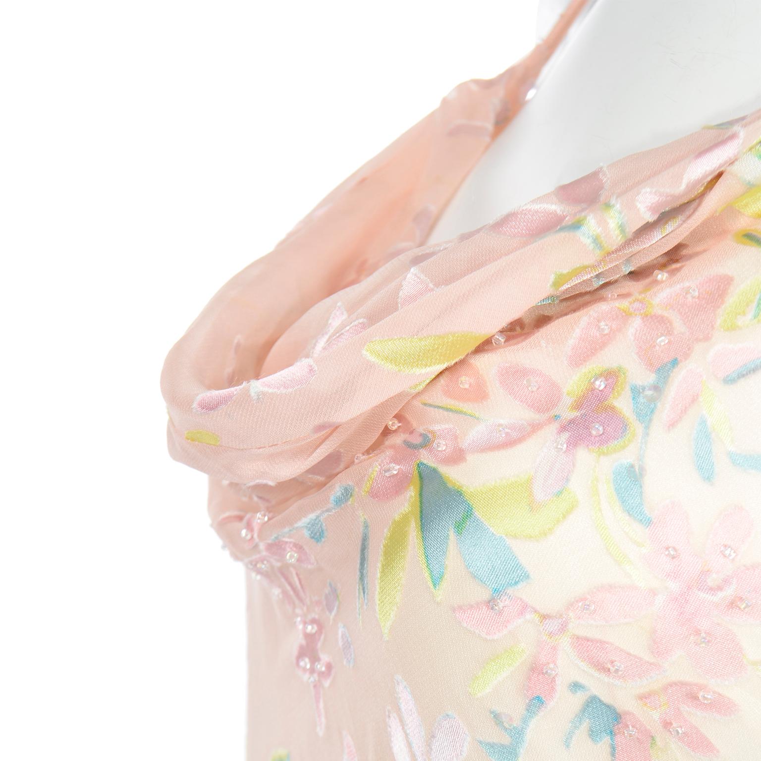 Vintage Beaded Pink Pastel Long Bias Cut Evening Slip Dress w Handkerchief Hem 1