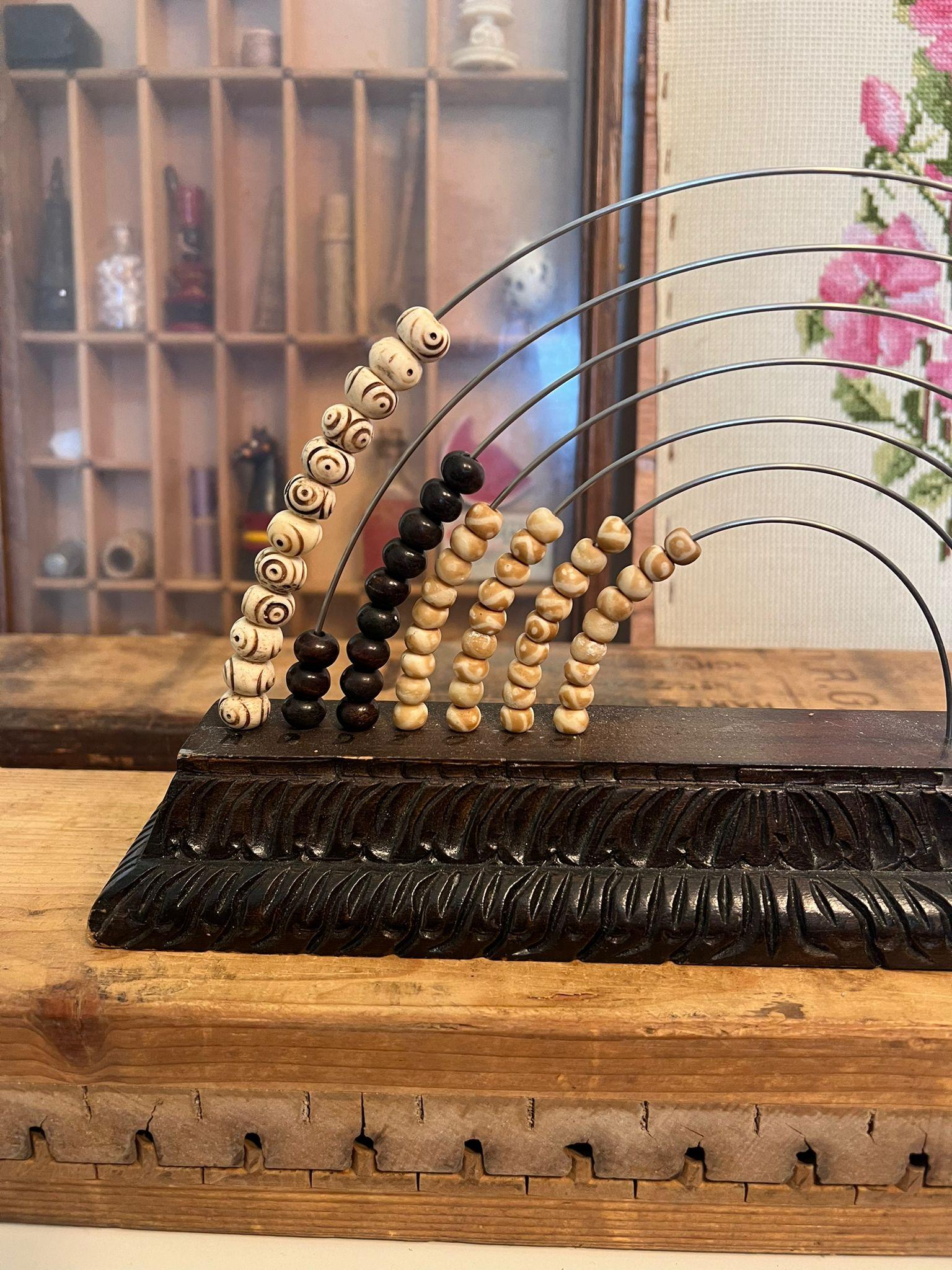 Mid-Century Modern Vintage Beaded Rainbow Counting Device. Seven Rod Arc Abacus.