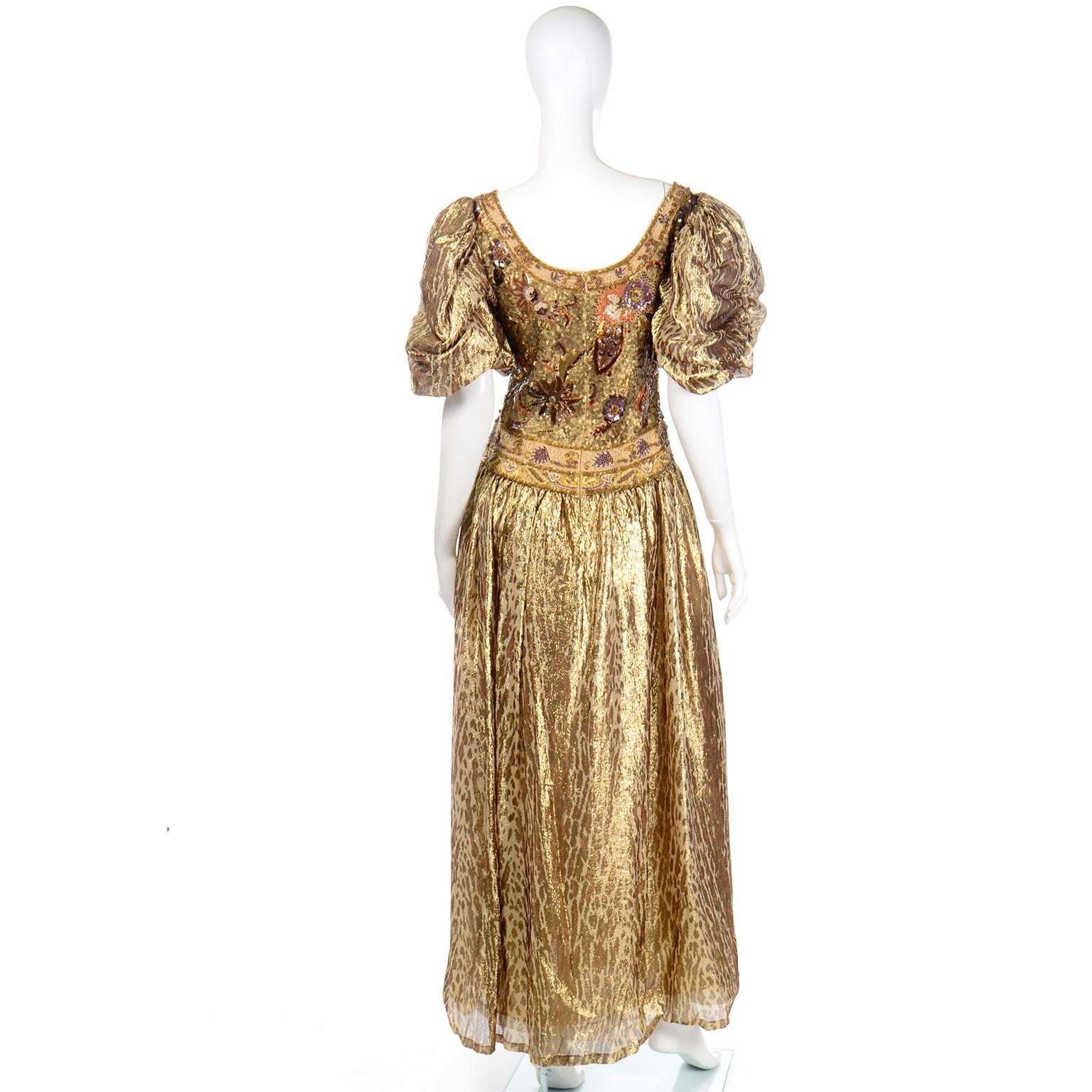 Brown Vintage Beaded & Sequin Gold Tissue Silk Lame Dress Richilene Evening Gown 