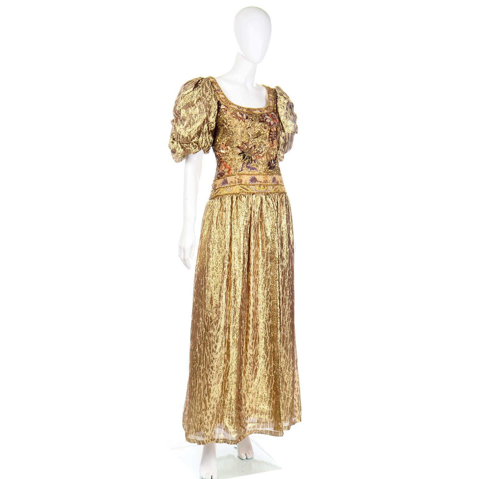Vintage Beaded & Sequin Gold Tissue Silk Lame Dress Richilene Evening Gown  In Excellent Condition In Portland, OR