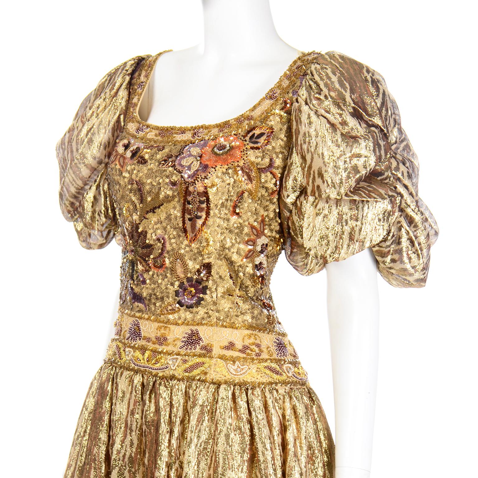 Women's Vintage Beaded & Sequin Gold Tissue Silk Lame Dress Richilene Evening Gown 