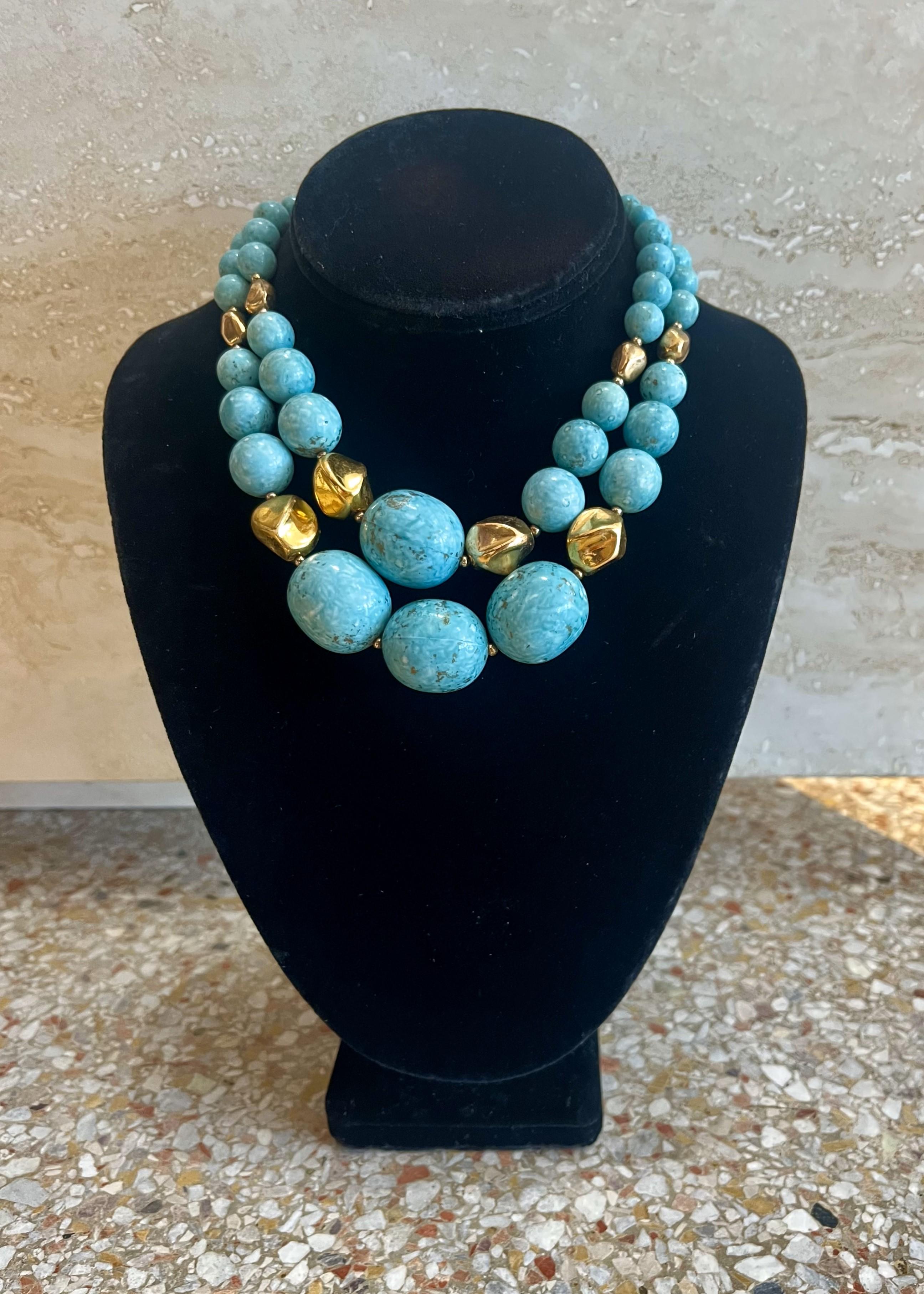 This Vintage Beaded Turquoise Multi-Strand Necklace with Gold Accents is a striking piece of jewelry that combines the natural beauty of turquoise with the luxurious touch of gold.

This necklace features multiple strands of beads, each strand often