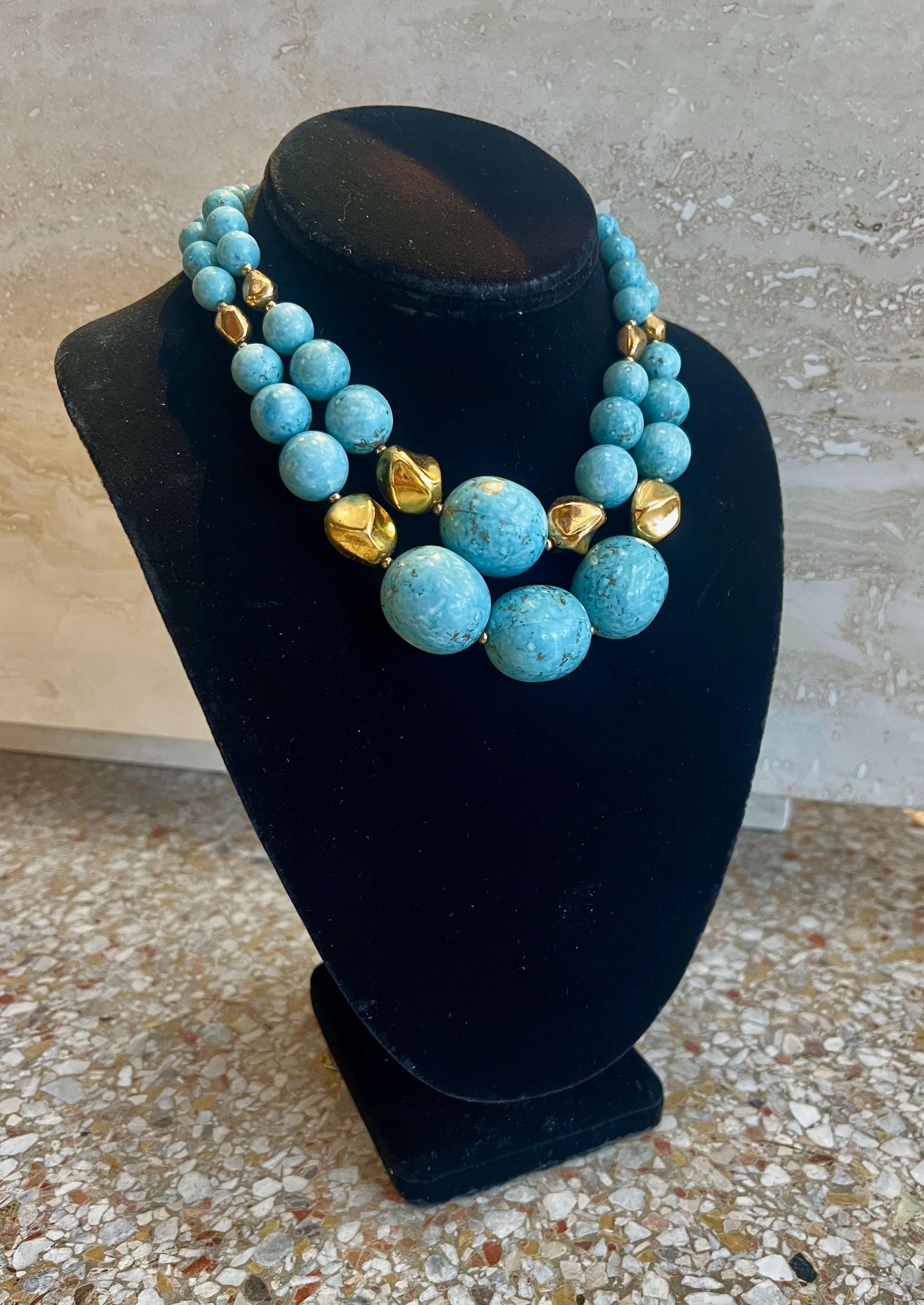 Vintage Beaded Turquoise Multi Strand Necklace with Gold Accents In Good Condition For Sale In Lake Worth Beach, FL