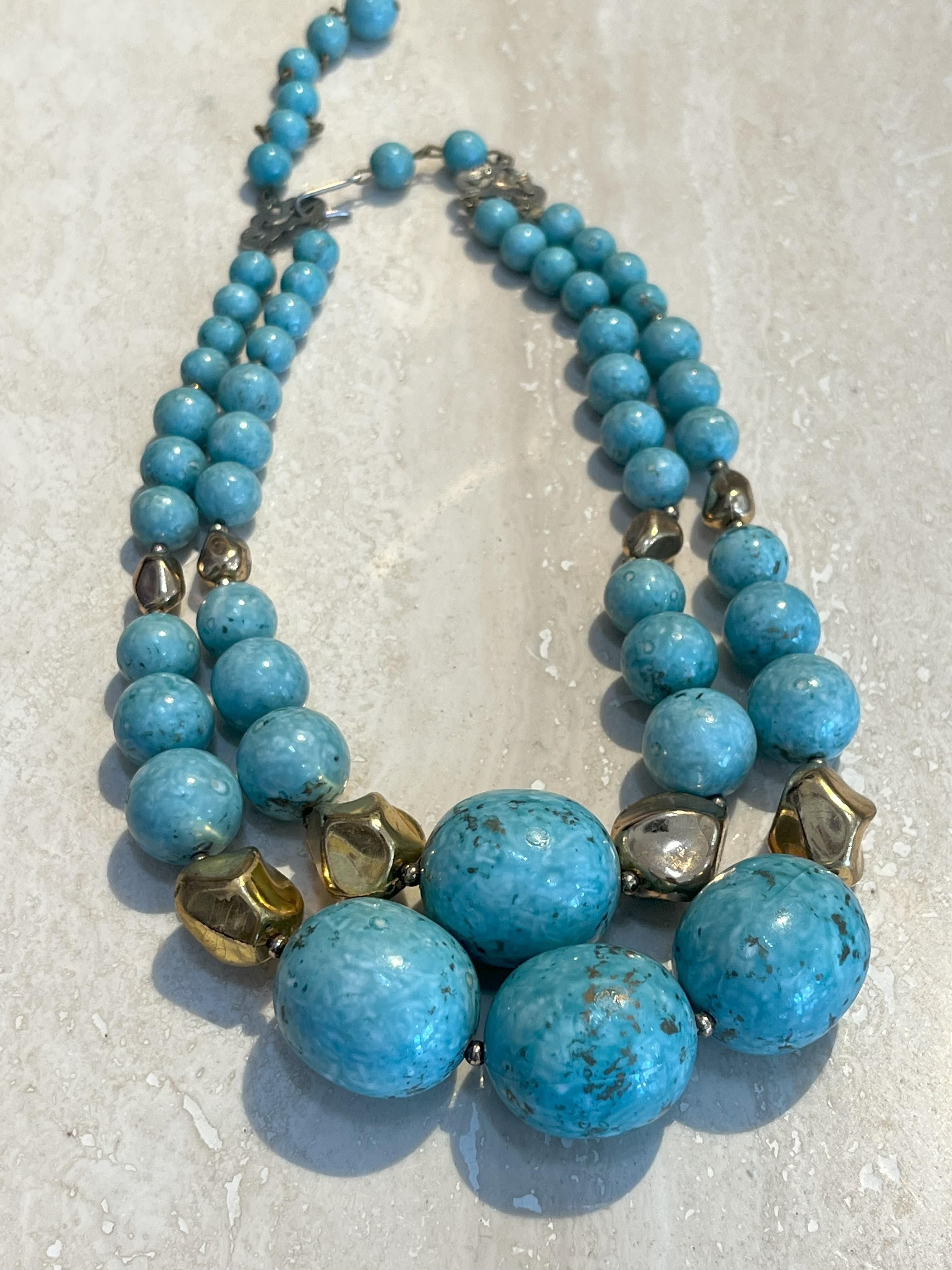 Women's or Men's Vintage Beaded Turquoise Multi Strand Necklace with Gold Accents For Sale