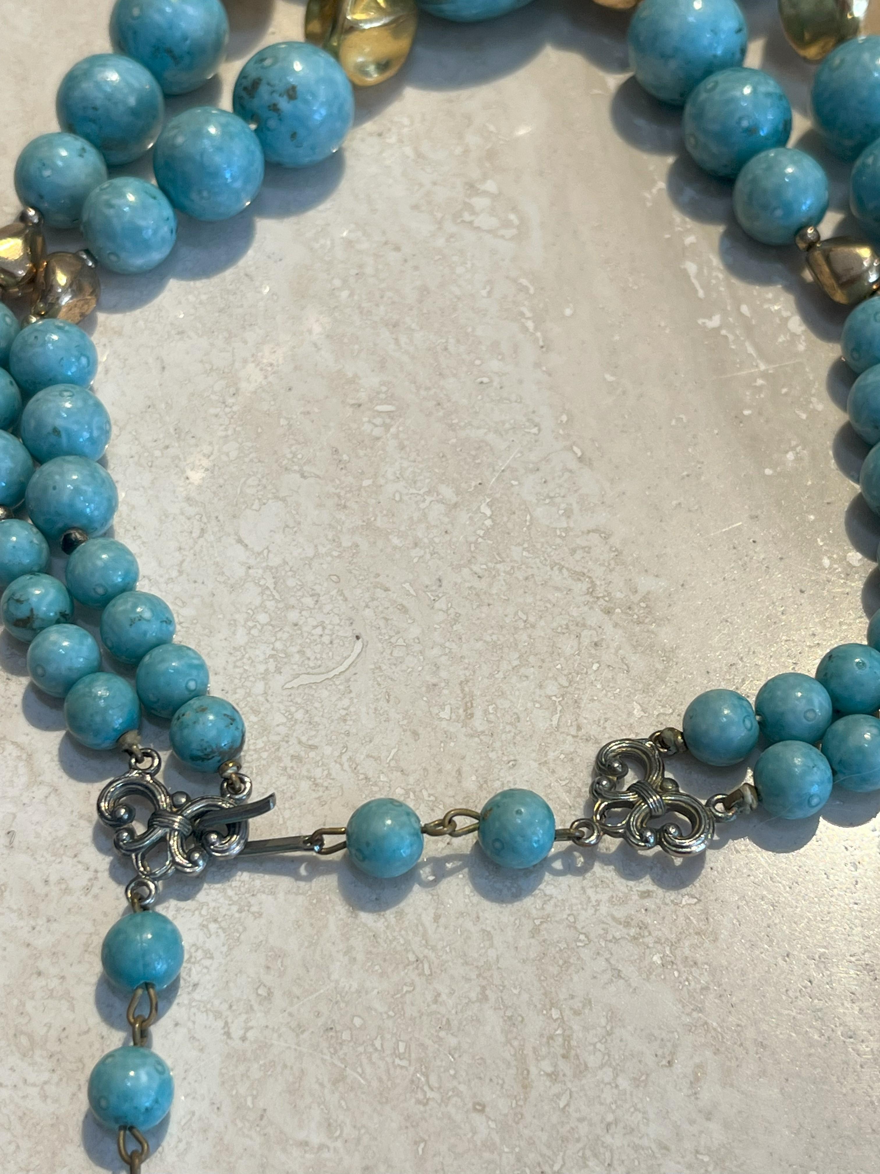 Vintage Beaded Turquoise Multi Strand Necklace with Gold Accents For Sale 1