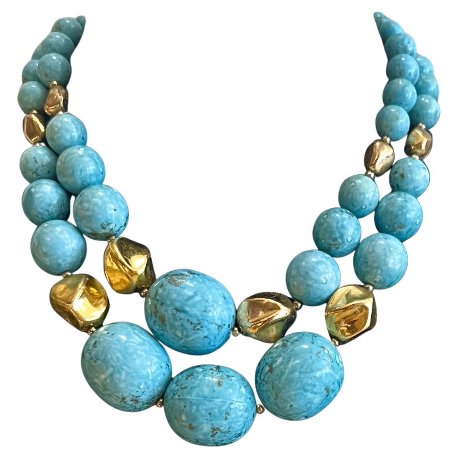 Vintage Beaded Turquoise Multi Strand Necklace with Gold Accents For Sale