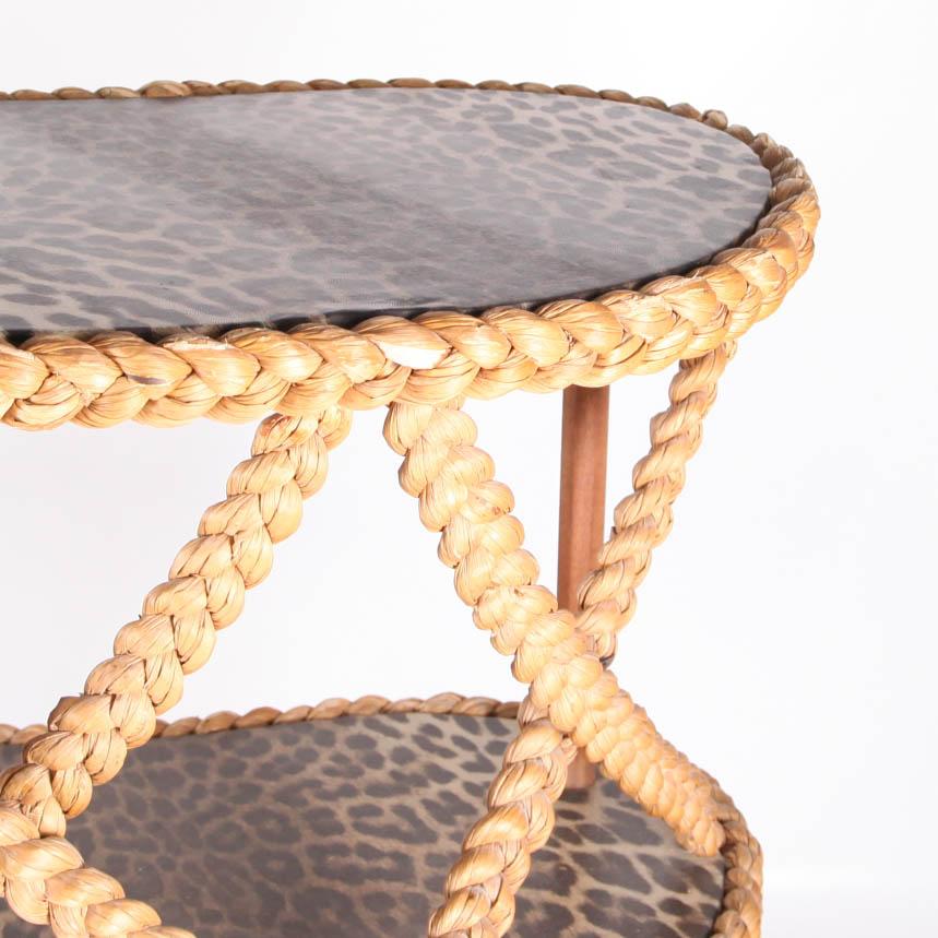French Vintage Bean-Shaped Bar and Its Two Stools in Woven Cane, circa 1960