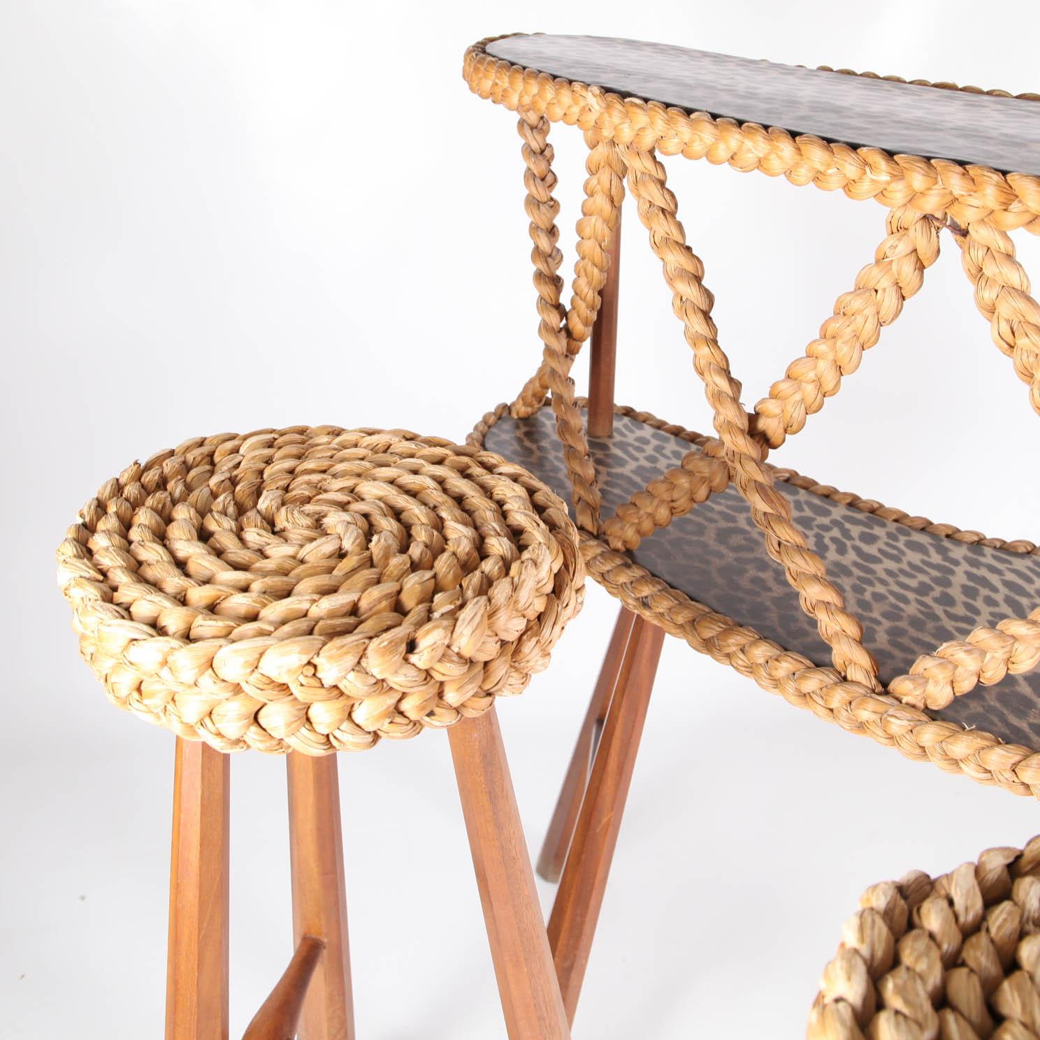 Vintage Bean-Shaped Bar and Its Two Stools in Woven Cane, circa 1960 1