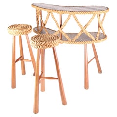 Vintage Bean-Shaped Bar and Its Two Stools in Woven Cane, circa 1960