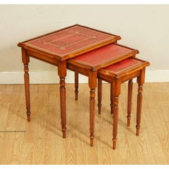 Vintage Beautiful Yew Wood Red Leather Embossed Nest of Tables