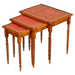Vintage Beautiful Yew Wood Red Leather Embossed Nest of Tables