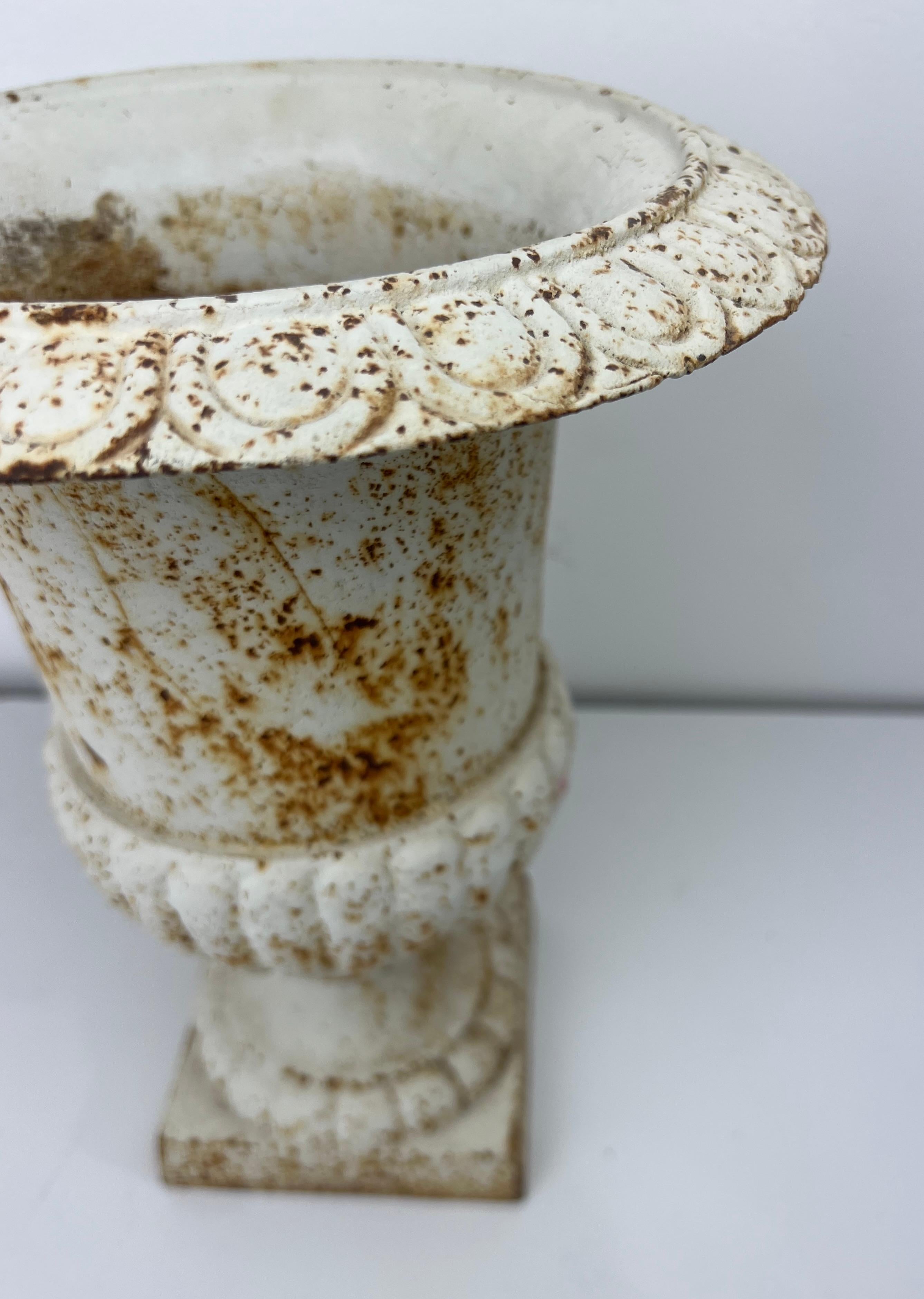 French Provincial Vintage Beautifully Distressed French Cast Iron Urn Medici Garden Vases