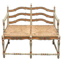 Vintage Beautifully Painted Country Settee W/ Rush Seat