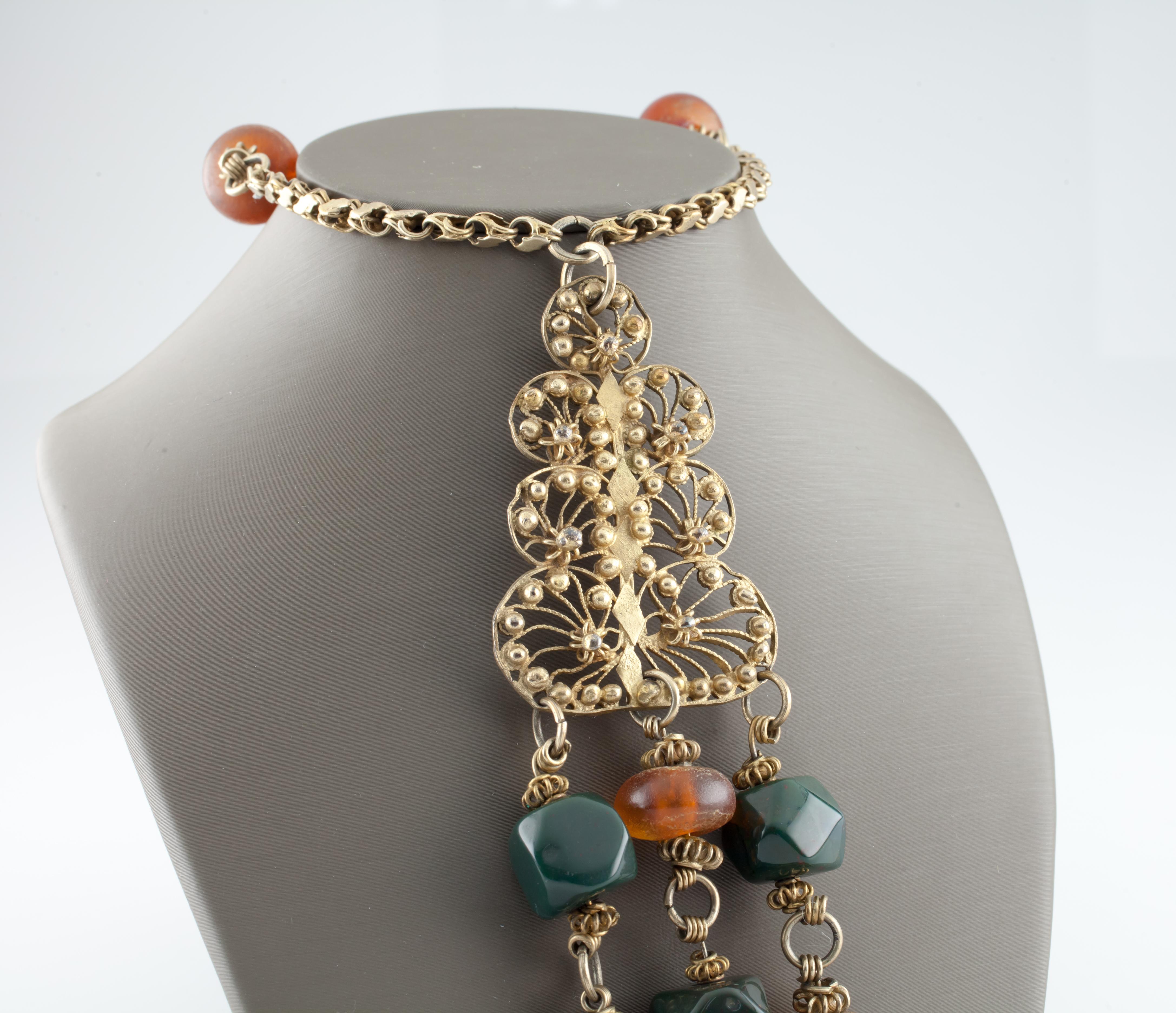 Bead Vintage Bedouin Gold-Plated Filigree Necklace with Amber & Bloodstone, 30 Inches For Sale