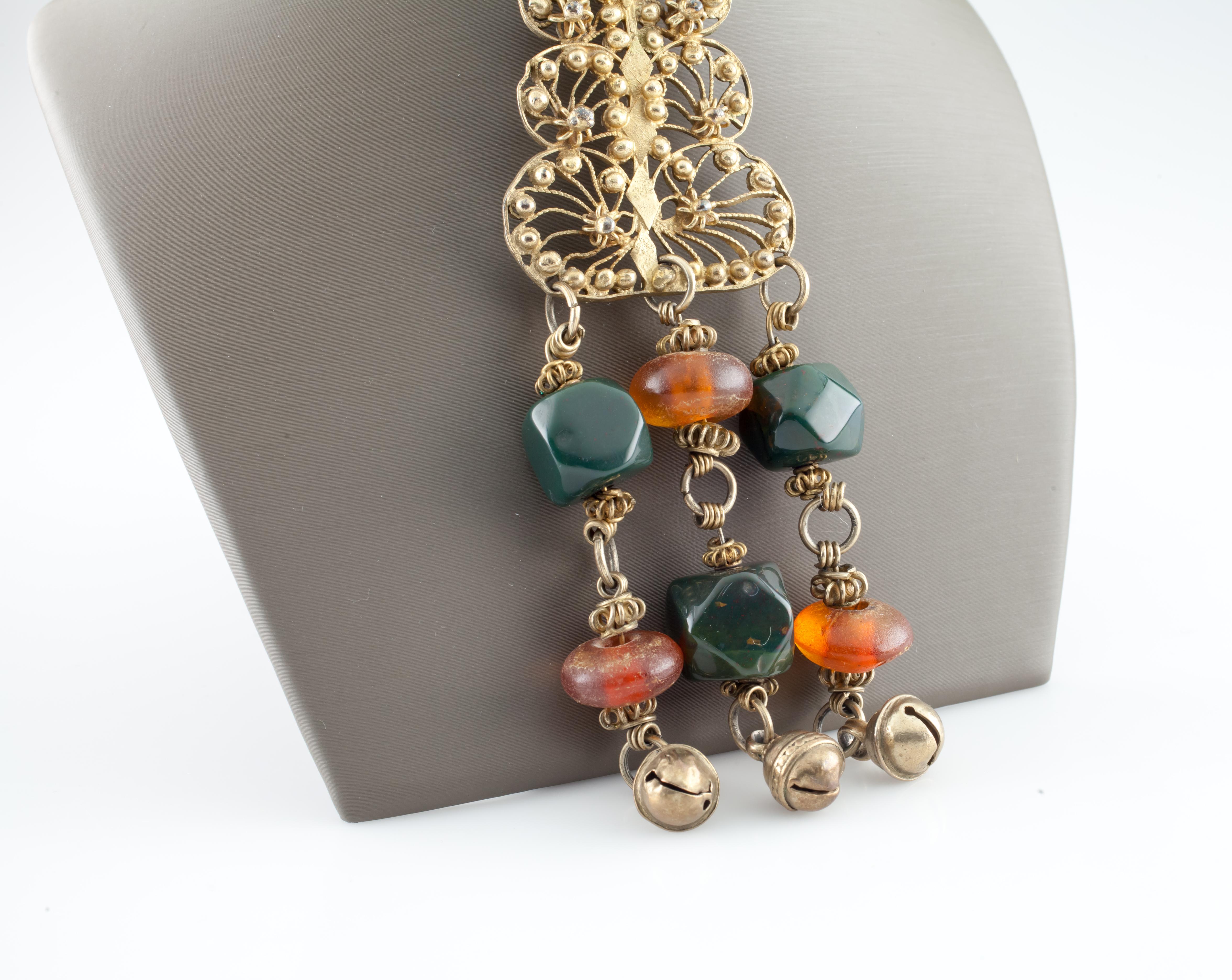 Vintage Bedouin Gold-Plated Filigree Necklace with Amber & Bloodstone, 30 Inches In Good Condition For Sale In Van Nuys, CA