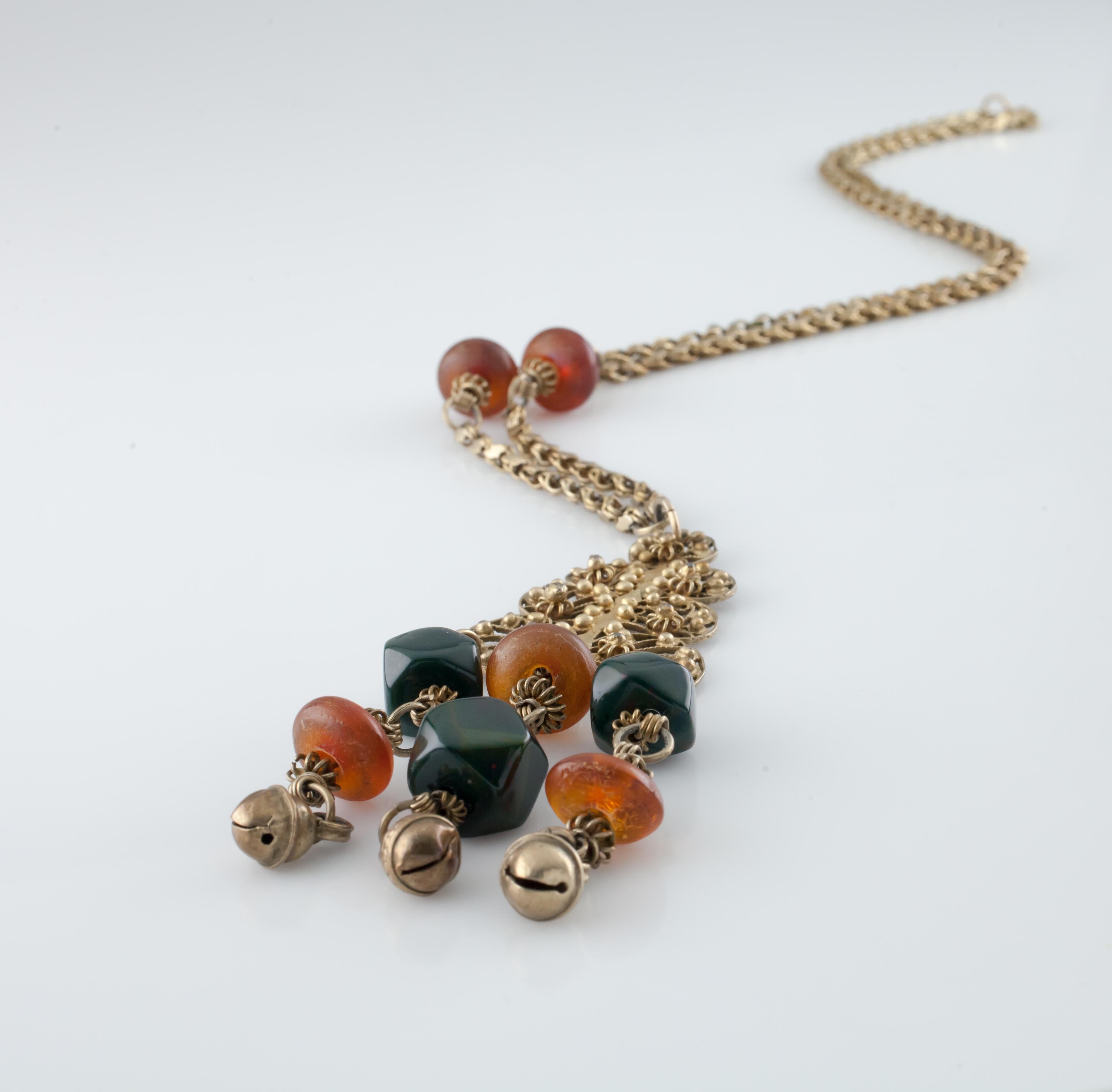 Women's or Men's Vintage Bedouin Gold-Plated Filigree Necklace with Amber & Bloodstone, 30 Inches For Sale