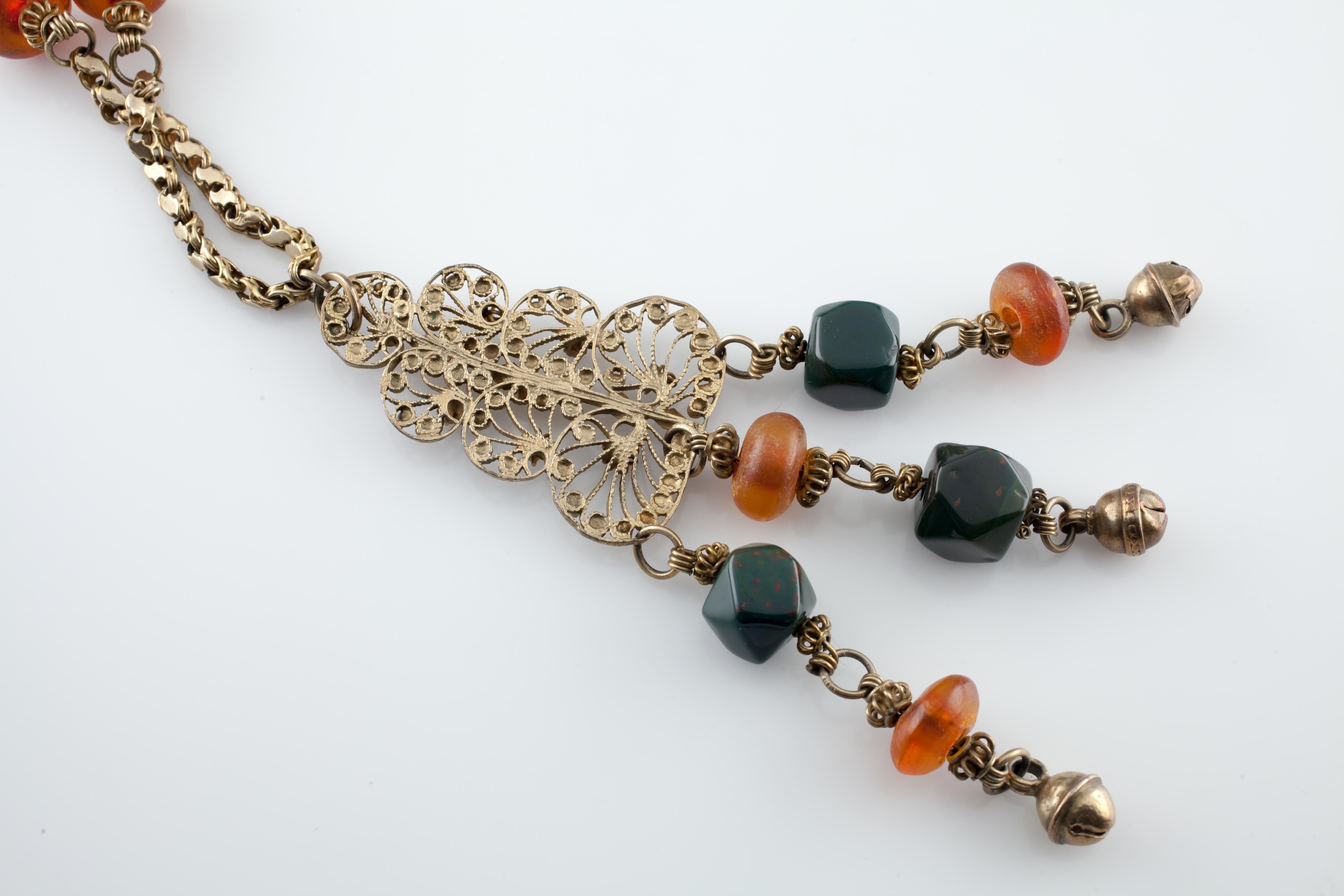 Vintage Bedouin Gold-Plated Filigree Necklace with Amber & Bloodstone, 30 Inches For Sale 1