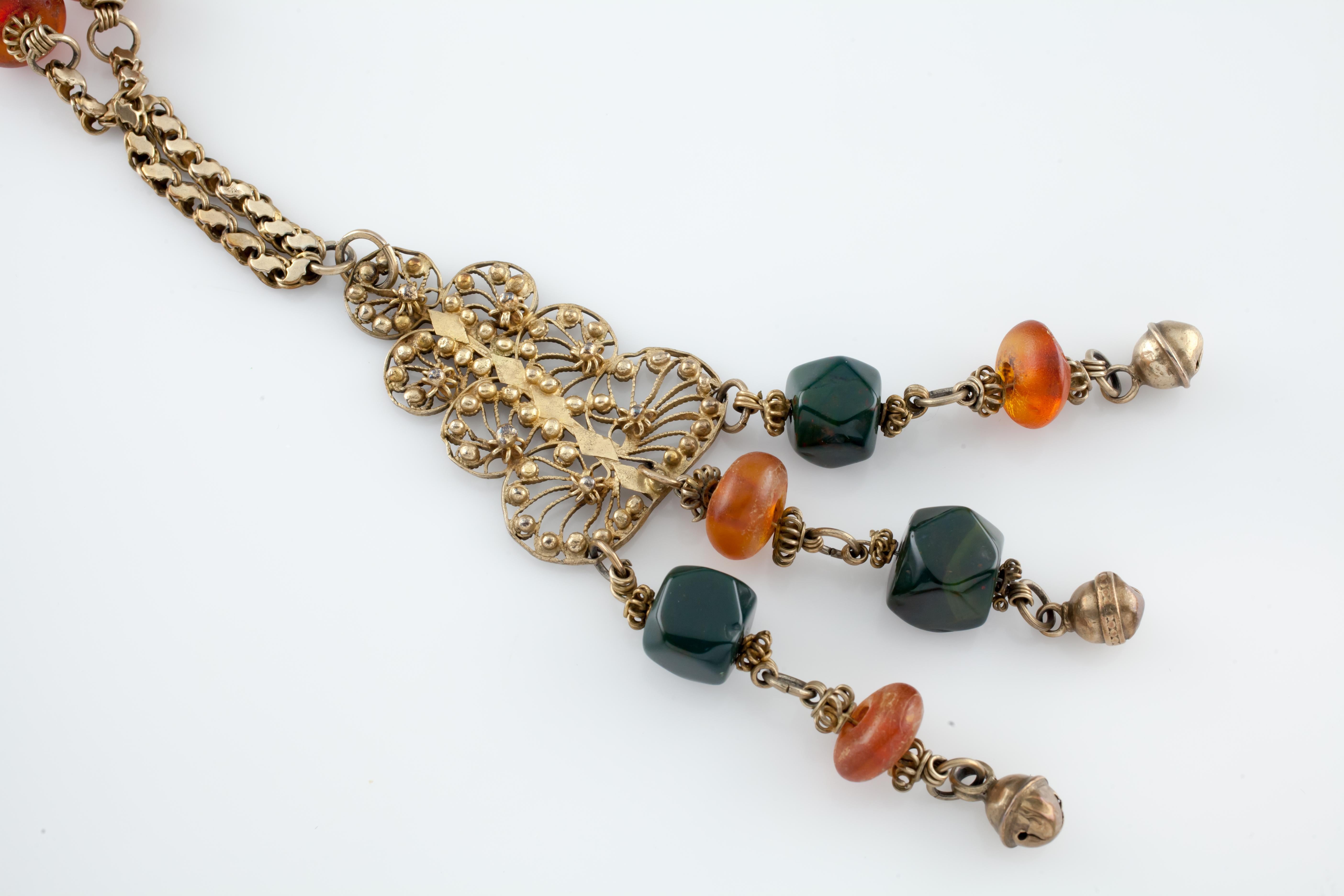 Vintage Bedouin Gold-Plated Filigree Necklace with Amber & Bloodstone, 30 Inches For Sale 2